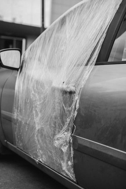 This image shows a close-up of a silver-grey car with a crumpled plastic sheet draped over its side mirror and window. The plastic appears to be a protective wrapping, with visible creases and slight 