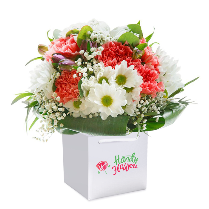 Elevated on a clean white gift bag, this expertly designed bouquet stands as a testament to floristry in Plumstead, blending charm and elegance. At its core, coral and soft peach carnations unfurl into ruffled, cushiony blossoms, each petal layered like the early evening clouds over Plumstead station. Crisp white daisies with vibrant lime-green centres punctuate the arrangement, delivering pops of brightness and joy. Wisps of fine white baby's breath thread between, casting a dreamy softness, while delicate purple-tinged buds, possibly alstroemeria, peek from the left, offering a hint of the bouquet's evolving beauty. The base is wrapped in generous, glossy, deep green leaves, fanned to create a natural, welcoming collar. The white gift bag, smart and understated with sturdy ribbon handles, provides both function and refinement, ideal for convenient delivery across Plumstead's residential streets. Photographed against a minimalist white background, this arrangement is a celebration of freshness and abundance, perfectly suited for birthdays, anniversaries, or even just to brighten a neighbour's day. Every detail reflects the expertise and passion of local florists dedicated to bringing Plumstead's community touches of floral joy.