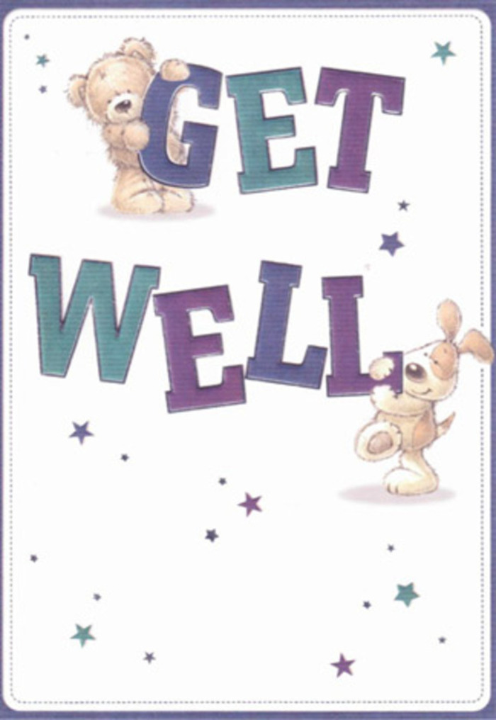 Capturing the spirit of heartfelt encouragement found in Plumstead, this get well card bursts with playful artistry and emotional brightness. Two endearing figures-a charming teddy bear and an eager puppy-bring the bold, aqua-and-violet "Get Well" message to life, their soft fur and oversized eyes conveying genuine kindness and hope. Scattered star motifs dance joyfully around them on a crisp ivory backdrop, reminiscent of first spring blossoms drifting over the paths of Plumstead Gardens. Every brushstroke and gentle curve in the illustration seems designed to comfort, much like a thoughtfully wrapped bouquet curated by a local florist familiar with SE18's community spirit. There's a tactile richness-the bear's fluff, the puppy's velvety ears-that almost leaps off the card, promising reassurance with a touch of whimsy. This card would beautifully accompany a get well bouquet from Flowers Plumstead, together creating a radiant gesture of care, ideal for lifting the spirits of a friend, neighbour, or loved one recovering locally.