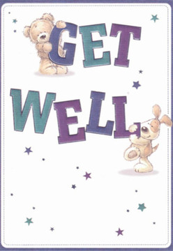 A scene filled with nurturing warmth, this illustrated get well card feels like a Flourish Plumstead bouquet meant to uplift neighbours near Winn's Common or bustling Griffin Road. The main focus is two joyful companions: a cuddly bear gripping the top of the bold "GET," and a playful puppy nestled under the rich "WELL," both rendered with rounded, friendly lines and expressive faces. Colours of moody indigo and lively teal flow through the confident hand-lettering, while scattered stars in shades of blue and purple twinkle across a pure white background, creating an aura of possibility. The composition glows with gentle light, much like the sun filtering through Plumstead's leafy trees, suggesting clarity and recovery. Each character exudes a tactile softness-the bear's plushness, the puppy's gentle fur-a visual comfort akin to selecting each stem in a hand-tied bouquet. Sending this card is like offering a wave of community care; the vivid artwork and thoughtful flourishes serve as a gentle remedy, brightening spirits as surely as a doorstep delivery from Flowers Plumstead.